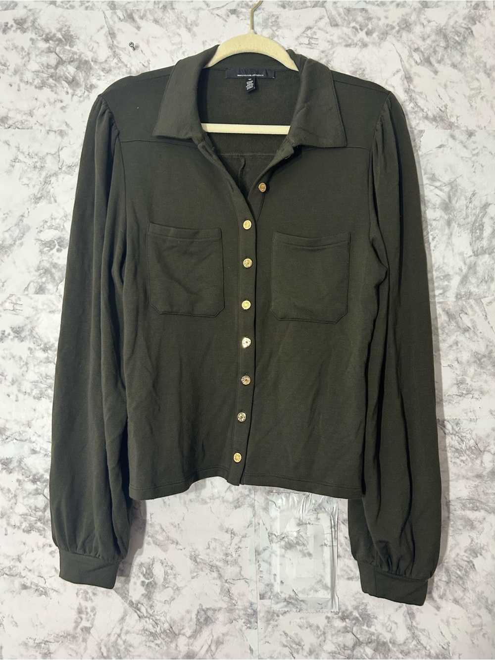 White House Black Market Dark Olive Button-Front Pocket Shirt Sz M
Hang